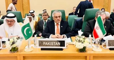 وزیر خارجہ اسحاق ڈار او آئی سی اجلاس میں غزہ کی صورتحال پر خطاب کر رہے ہیں،