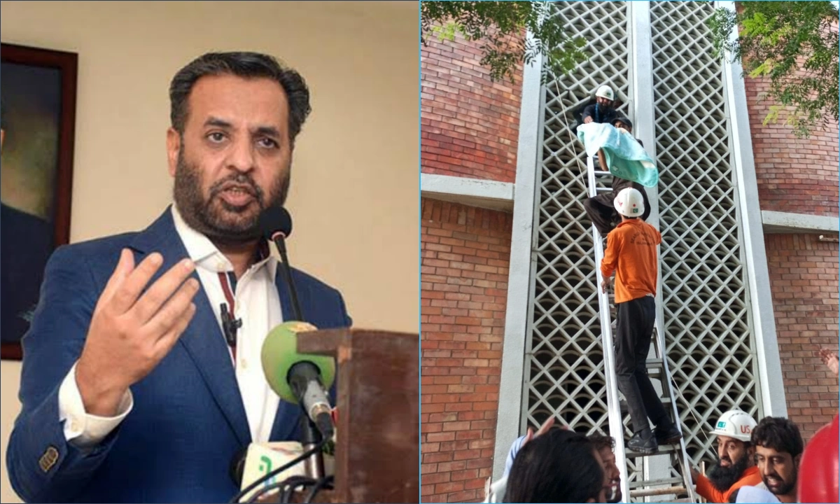 پمز میں مردہ بچوں کو سیڑھی لگا کر نکالا جا رہا ہے۔ دوسری جانب فائر ٹینڈر کھرا ہے اور لوگ جمع ہیں