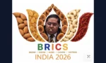 برکس سمٹ 2026 کے وائرل ہونے والے طنزیہ لوگو کی تصویر جس میں کمل کے پھول کو خشک میووں سے تبدیل کیا گیا ہے۔