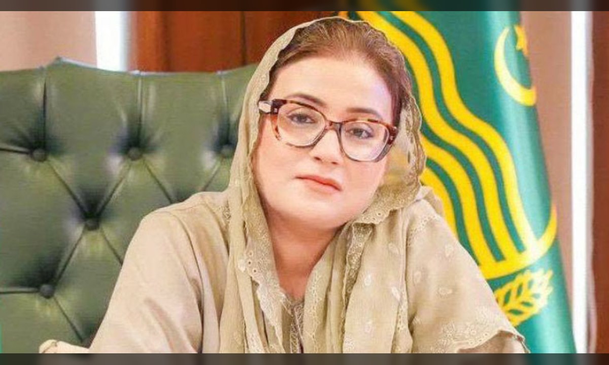 وزیر اطلاعات پنجاب عظمیٰ بخاری پریس کانفرنس سے خطاب کر رہی ہیں۔