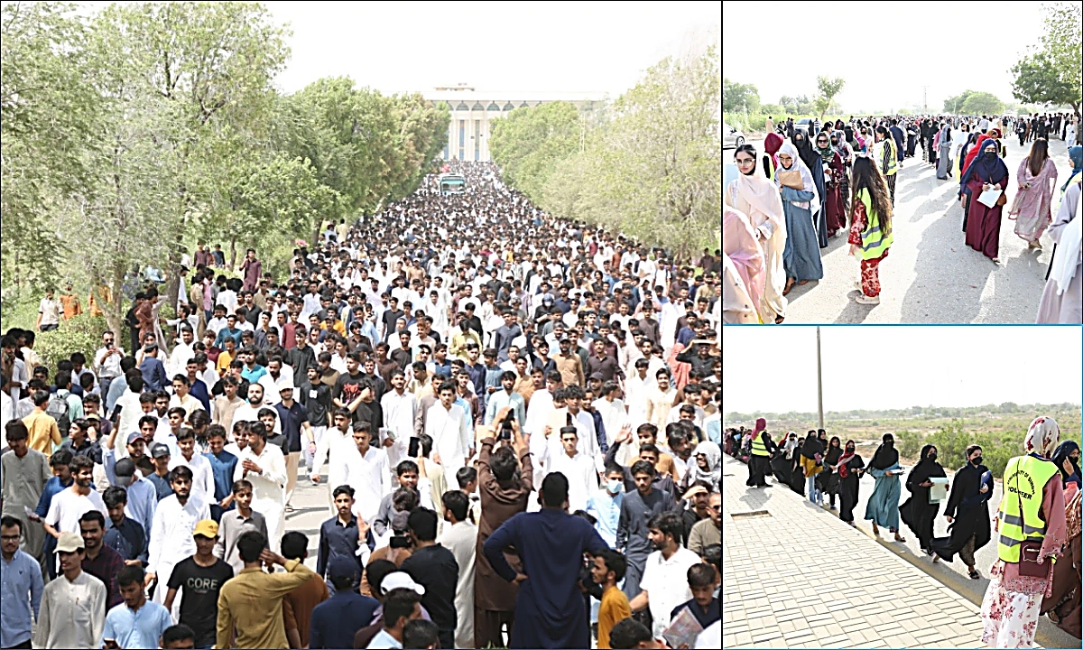 جامعہ سندھ جام شورو میں پری انٹری ٹیسٹ کے موقع پر امیدواروں کی بڑی تعداد کی آمد کا منظر